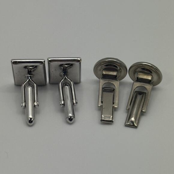 Fashion Rectangle and Round Silver Black Mens Cufflinks 2 Sets - Picture 4 of 7